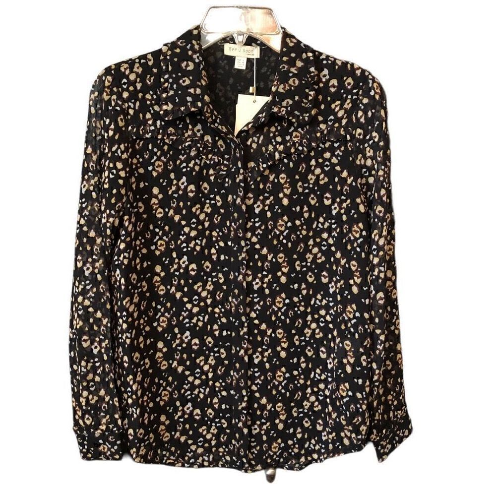 Anthropologie Blouse See U Soon Womens XS Black Ditsy Print Button Up NWT